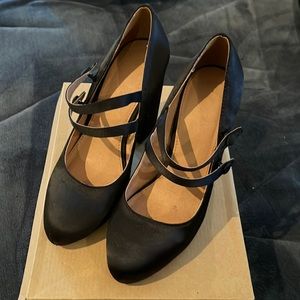 platform black satin Mary Jane heels